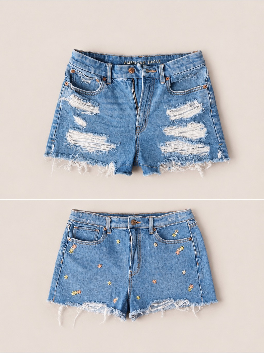 American Eagle Outfitters Light Blue Distressed & Embroidered Denim Shorts
